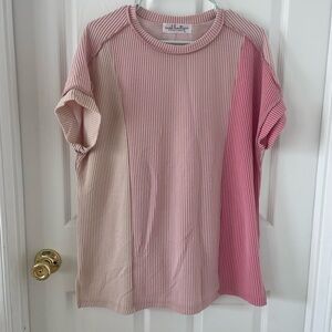 Madi & Co. Colorblock Ribbed Short Sleeve Tee - Pink/Cream